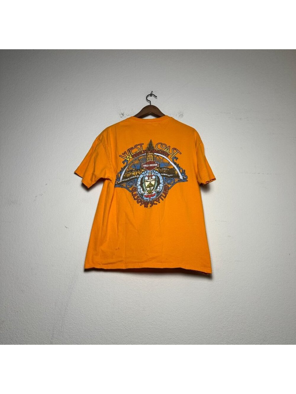 VTG Harley Davidson Men L Orange Graphic Glasgow Scotland T-shirt Indie Biker